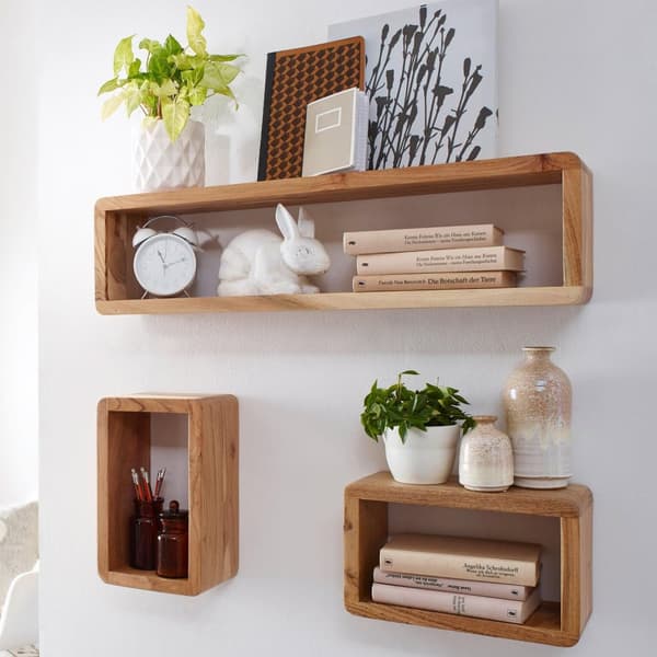 Rootz design seinähyllysarja 3 massiivista puista hyllyä akaasia maalaistyyliin - Maalaistyylinen seinähyllysetti puinen - Riippuva hylly neliön muoto