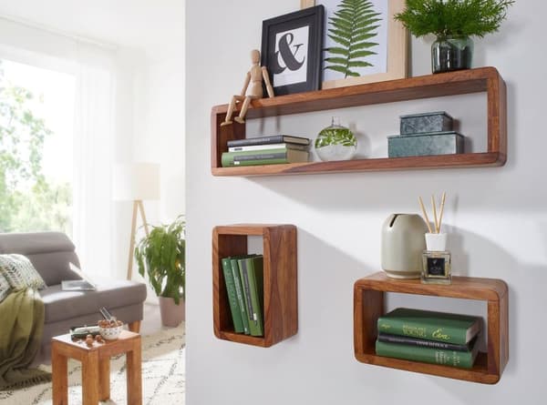 Rootz design væghyldesæt med 3 massive træhylder sheesham country style - Rustikt væghyldesæt træ - Hængende hylde firkantet ægte træ - Væghylder - Hæ