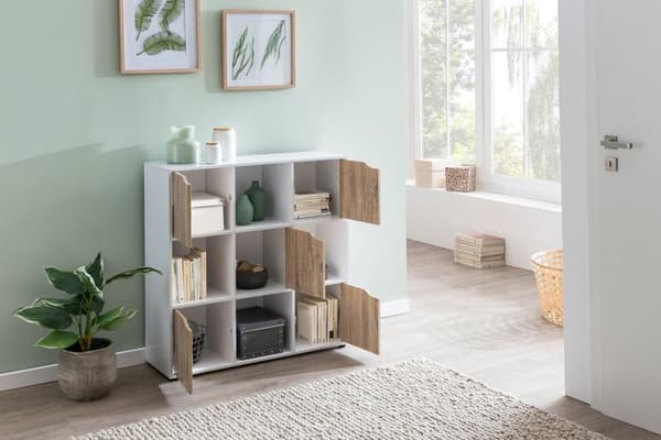 Rootz SAMO 89 x 91 x 29 cm Reol med 9 rum Sonoma - Standhylde med 5 låger - Moderne terninghylde rumdeler - Halskab åbent - Cuberegal kommode opholdsh