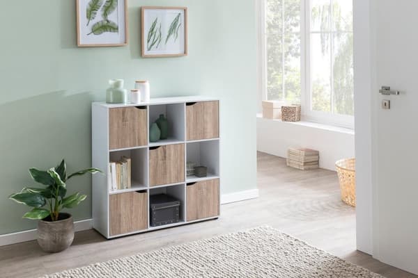 Rootz SAMO 89 x 91 x 29 cm Reol med 9 rum Sonoma - Standhylde med 5 låger - Moderne terninghylde rumdeler - Halskab åbent - Cuberegal kommode opholdsh