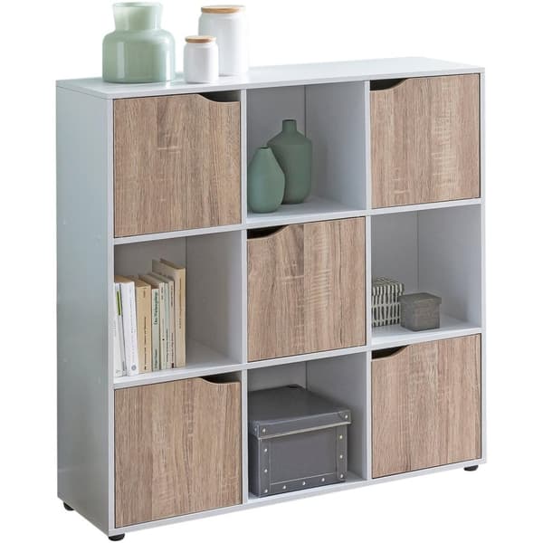 Rootz SAMO 89 x 91 x 29 cm Reol med 9 rum Sonoma - Standhylde med 5 låger - Moderne terninghylde rumdeler - Halskab åbent - Cuberegal kommode opholdsh