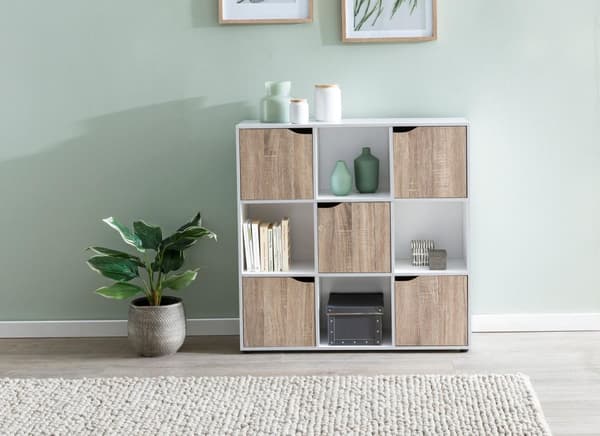 Rootz SAMO 89 x 91 x 29 cm Reol med 9 rum Sonoma - Standhylde med 5 låger - Moderne terninghylde rumdeler - Halskab åbent - Cuberegal kommode opholdsh
