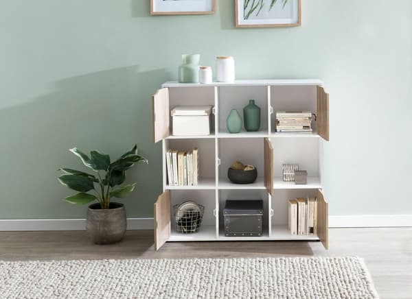 Rootz SAMO 89 x 91 x 29 cm Reol med 9 rum Sonoma - Standhylde med 5 låger - Moderne terninghylde rumdeler - Halskab åbent - Cuberegal kommode opholdsh