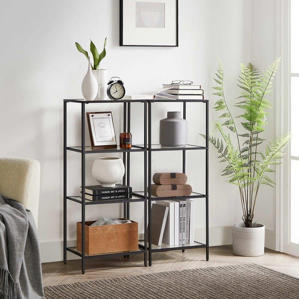 Rootz Ståhylde - Metalhylde - Fritstående reol - Med 4 hylder - Metal/Glas - Sort - 40 x 30 x 95 cm