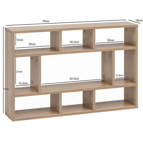 Rootz væghylde Sonoma eg 75x51x16 cm træ hængehylde moderne - Design vægplade frit svævende - Træhylde til væggen - Reol Smal - Dekorativ hylde svæven