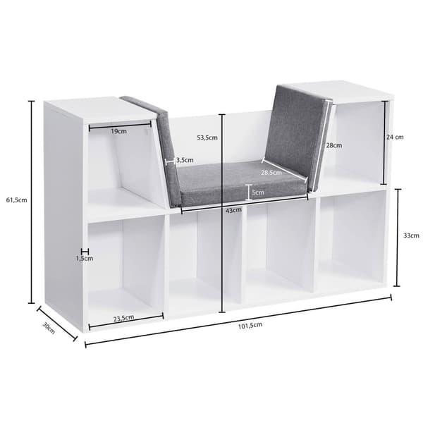 Rootz designhylde med sæde 101,5 x 61,5 x 30 cm hvid mat - Fritstående hylde med gråt sædebetræk Bænk med 6 rum