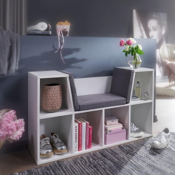 Rootz designhylde med sæde 101,5 x 61,5 x 30 cm hvid mat - Fritstående hylde med gråt sædebetræk Bænk med 6 rum