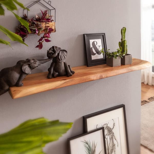 Rootz vägghylla med trädkant massivt akaciaträ 80 cm - Design flytande hylla massiv väggskiva - hylla trä naturlig - hänghylla i lantlig stil
