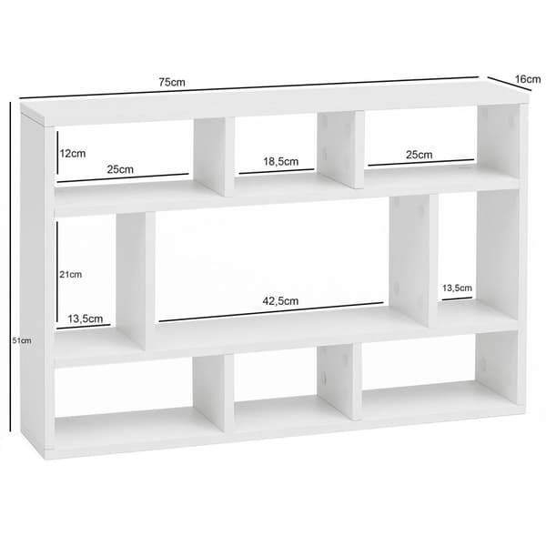 Rootz væghylde hvid 75x51x16 cm hængehylde i træ moderne - Design vægplade frit svævende - Træhylde til væggen - Reol Smal - Dekorativ hylde svævende