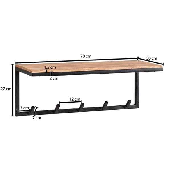 Rootz design -naulakko akaasia massiivipuuta - metallia 70x27x30 cm - Koukkukisko hyllyllä - Eteisen vaatesäilytys vaatehuoneen seinäpuuta