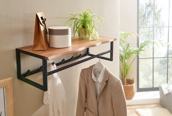Rootz design knagerække akacie massivt træ - metal 80x22x33 cm - Krogstang med hylde og bøjlestang - Entre garderobe garderobe væg træ