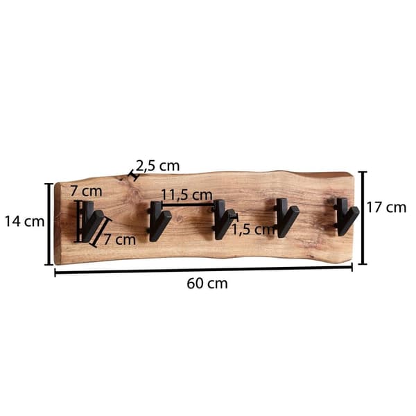 Rootz design naulakko akaasia massiivipuuta - metallia 60 x 17 x 9 cm - Koukkukisko eteisen naulakkoseinä - Vaatekaappipuuta