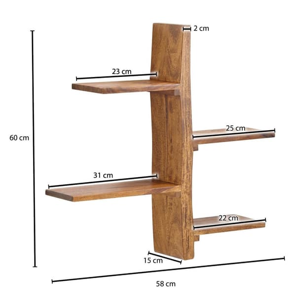 Rootz vägghylla 58x60x15 cm massiv sheesham trä trädform hängande hylla modern - Stor design flytande hylla - Hylla Hängande Vardagsrum - Bokhylla Väg