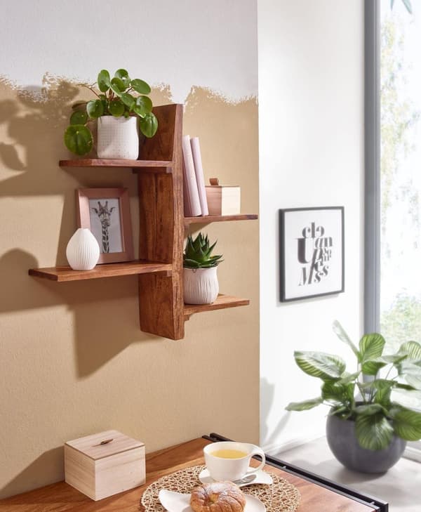 Rootz vägghylla 58x60x15 cm massiv sheesham trä trädform hängande hylla modern - Stor design flytande hylla - Hylla Hängande Vardagsrum - Bokhylla Väg