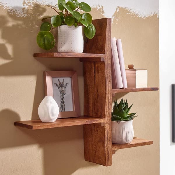 Rootz vägghylla 58x60x15 cm massiv sheesham trä trädform hängande hylla modern - Stor design flytande hylla - Hylla Hängande Vardagsrum - Bokhylla Väg