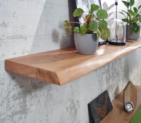 Rootz vägghylla med trädkant massivt akaciaträ 160 cm - Design flytande hylla massiv väggskiva - hylla trä naturlig - hänghylla i lantlig stil