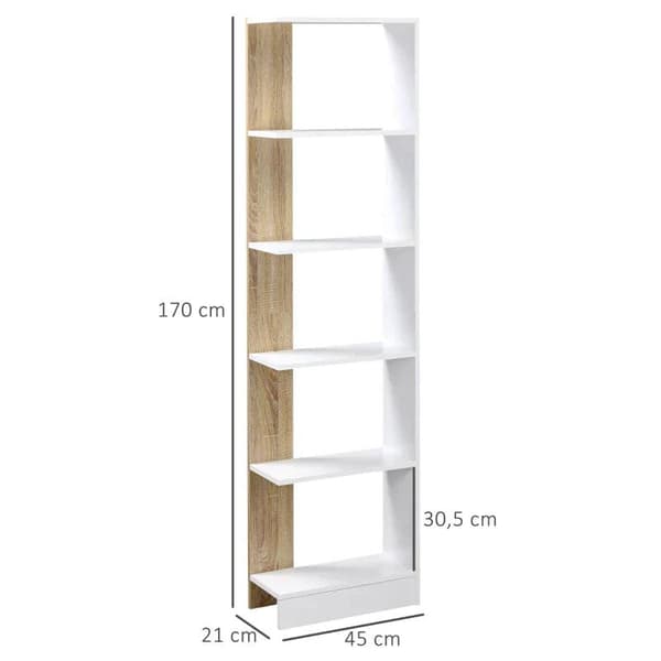 Rootz Fritstående reol - 5-lags kontorreol - Opbevaringsreol - Arkivreol - Køkkenreol - Eg/Hvid - 45 x 21 x 170 cm
