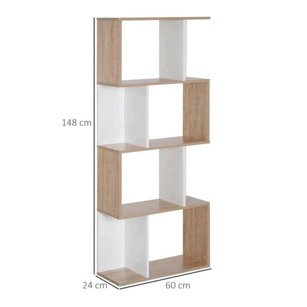 Rootz Bogreol - Fire-lags S-formet bogreol - Hvid & Eg Tone - 60W x 24D x 148H cm