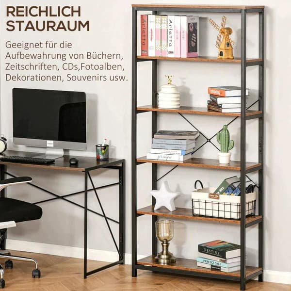 Rootz Boghylde - Reol - Opbevaringshylde - Udstillingsstativ - 6 Etager - Stuehylde - Brun - 80 x 30 x 180 cm