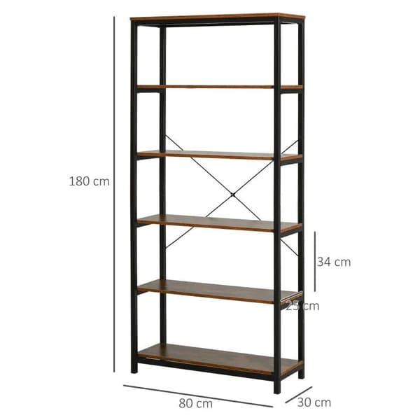 Rootz Boghylde - Reol - Opbevaringshylde - Udstillingsstativ - 6 Etager - Stuehylde - Brun - 80 x 30 x 180 cm