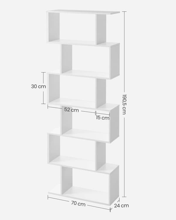 Rootz Reol - Hylde med 6 niveauer - Gulvstående hylde - Kontorhylde - Stue, soveværelse og kontor - Hvid - (24 x 70 x 190,5 cm)