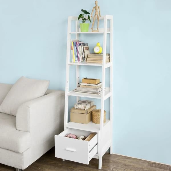 Rootz Hvid Opbevaring Display Reol Stige Hylde Bogreol med skuffe og 4 hylder