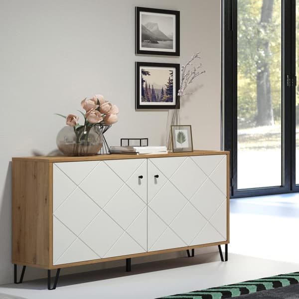 Rootz Living Room Sideboard - Storage Console - TV Cabinet - Oak & White Design - Modern Furniture - Artisan Oak/White - 123x76x40 cm