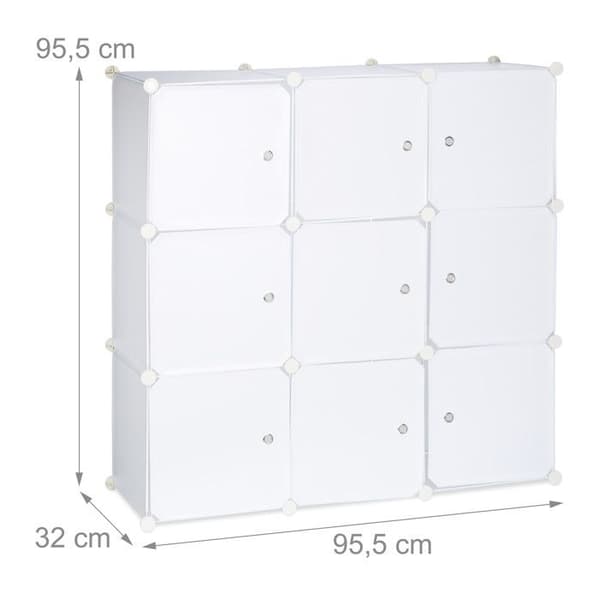 Relaxdays Förvaringshylla 9 fack plastdörrar modulär DIY montering plug-in bokhylla 95x95x32 cm, vit