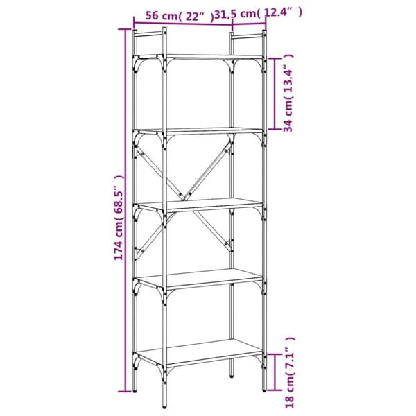 vidaXL bogreol med 5 hylder 56x31,5x174 cm konstrueret træ røget eg