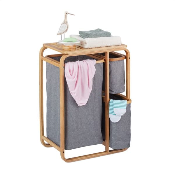 Relaxdays Tvättmöbel, 3 lådor, bambu, hylla för badrum med fack, HLP 70x49x33,5 cm, natur/grå