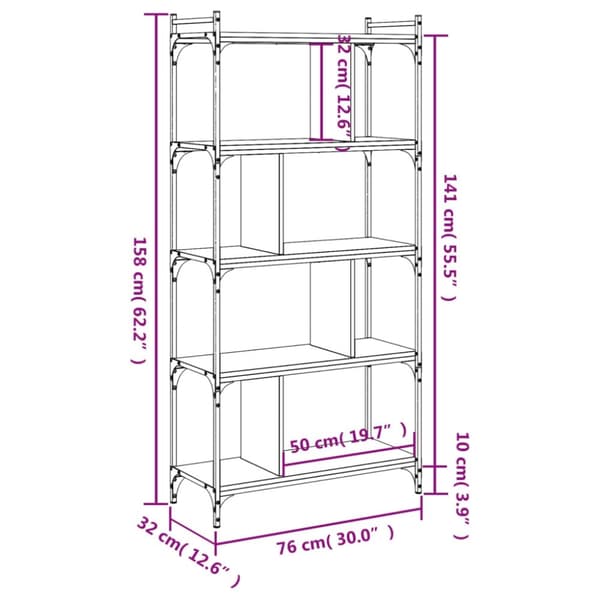 vidaXL bogreol 76x32x158 cm 5 hylder konstrueret træ røget eg