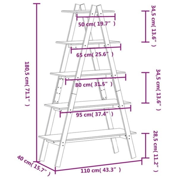 vidaXL Hylla A-formad 5 hyllor 110x40x180,5 cm massiv furu