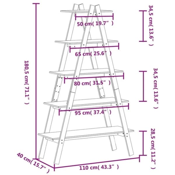 vidaXL Hylla A-formad 5 hyllor 110x40x180,5 cm massiv furu