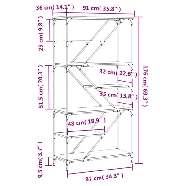 vidaXL Bokhylla brun ek 91x36x176 cm konstruerat trä och stål