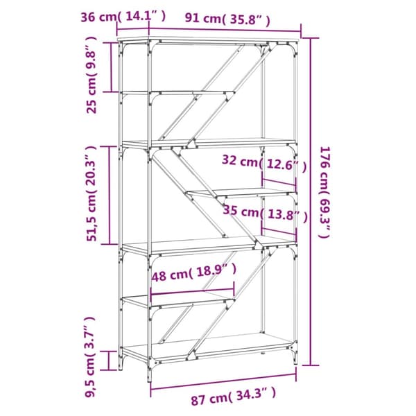 vidaXL Bokhylla rökfärgad ek 91x36x176 cm konstruerat trä och stål