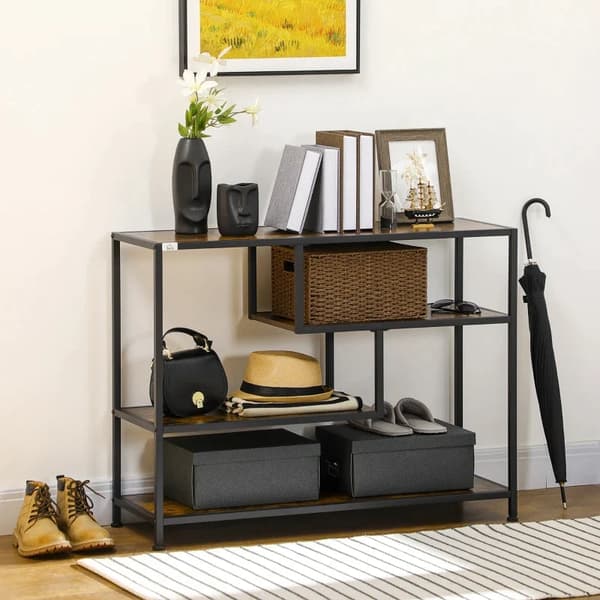 Rootz Hylla - Konsolbord - Industriell design - 4 hyllor - Stålstomme - Spånskiva - Rustik Brun + Svart - 99,6 x 33,6 x 74 cm
