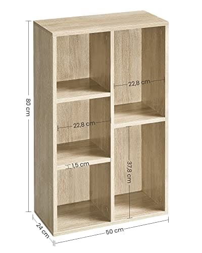Vasagle kirjahylly, 5-osastoinen lasten puinen kirjahylly, lattia, 50 x 24 x 80 cm, tammen väri