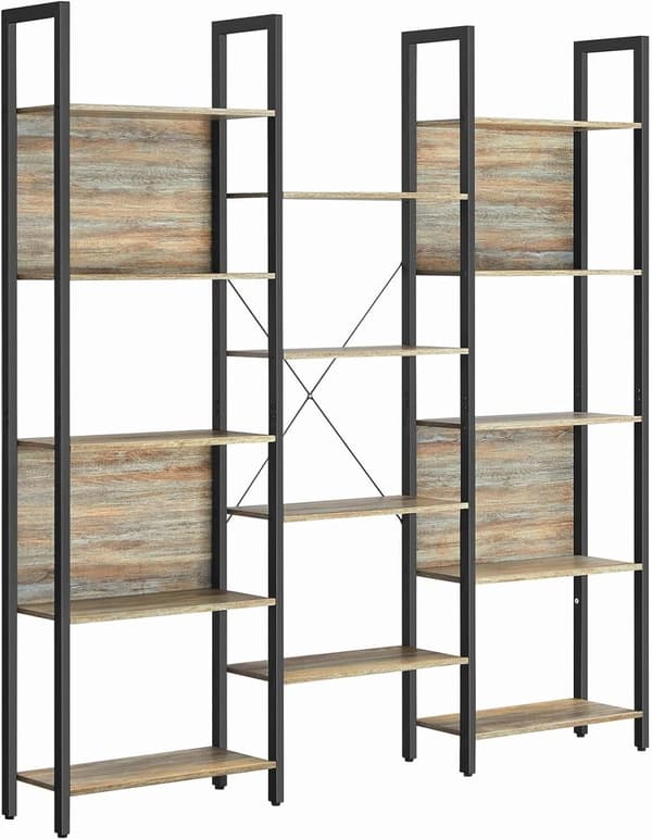 Vasagle kirjahylly 14 hyllyllä, metallirunko, teollisuustyyli, 24 x 158 x 166 cm, tammi sinisillä ja mustalla