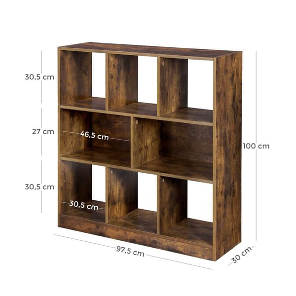 Rootz reol - Stående træhylde - 8 rum - Moderne reol - Justerbar reol - Høj bogreol - Flerlags reol - Spånplade - Vintage brun - 97,5 x 30 x 100 cm (L
