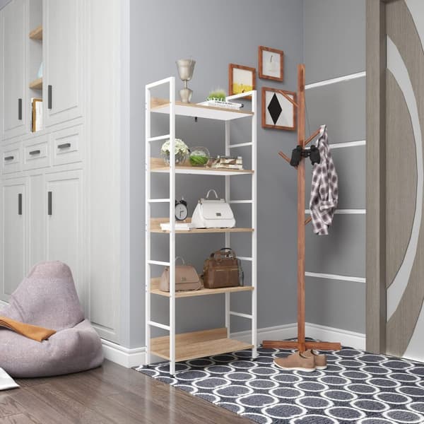 Rootz Standregal Hochregal - Reol - Bogreol - Opbevaringsstativ - Udstillingsstativ - Organizer - Etagehylde - Hvid + Lys Eg - 60x27,5x160 cm