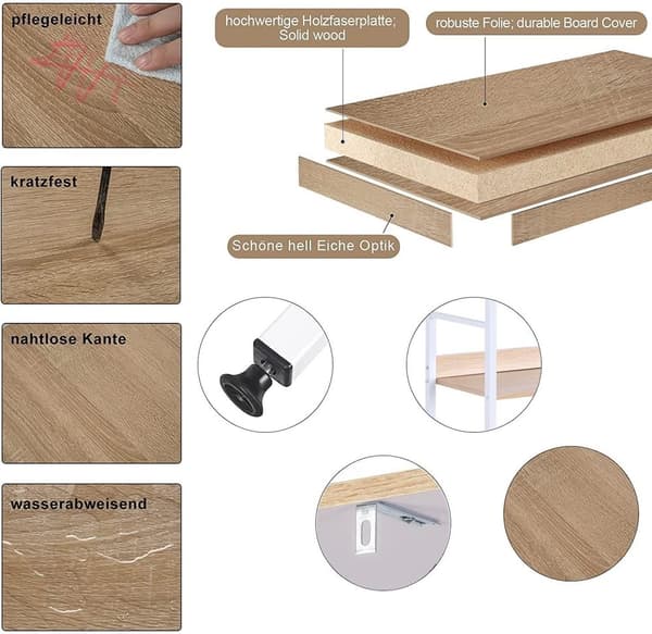 Rootz Standregal Hochregal - Reol - Bogreol - Opbevaringsstativ - Udstillingsstativ - Organizer - Etagehylde - Hvid + Lys Eg - 60x27,5x160 cm