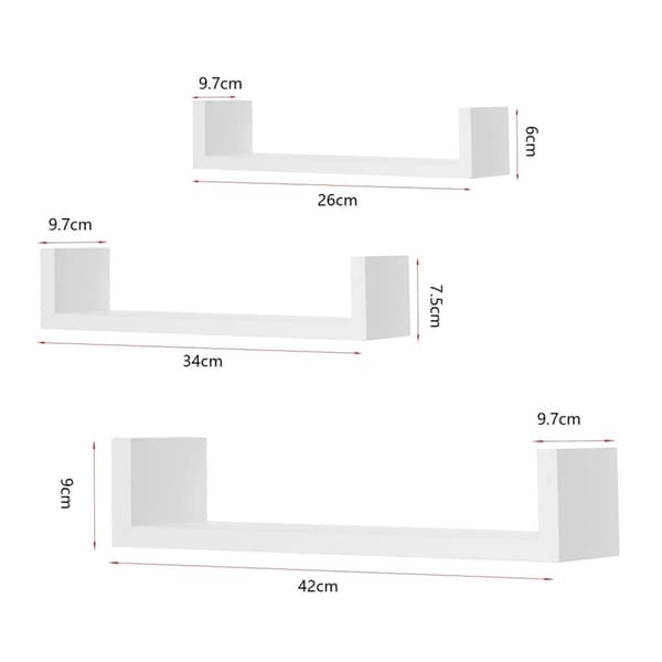 Rootz vägghyllor - U-formad display - Hängande bokhylla - Dekorativ förvaring - Väggskivset - Flytande avsatser - Vit - 26x9,7x6cm, 34x9,7x7,5cm, 42x9