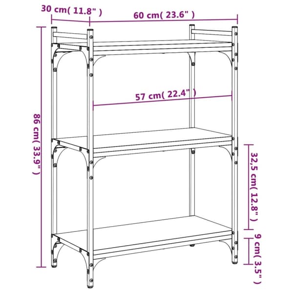 vidaXL bogreol 60x30x86 cm 3 hylder konstrueret træ sonoma-eg