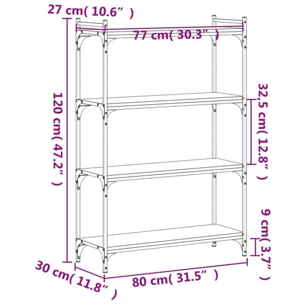 vidaXL bogreol 4 hylder 60x30x120 cm konstrueret træ brunt eg
