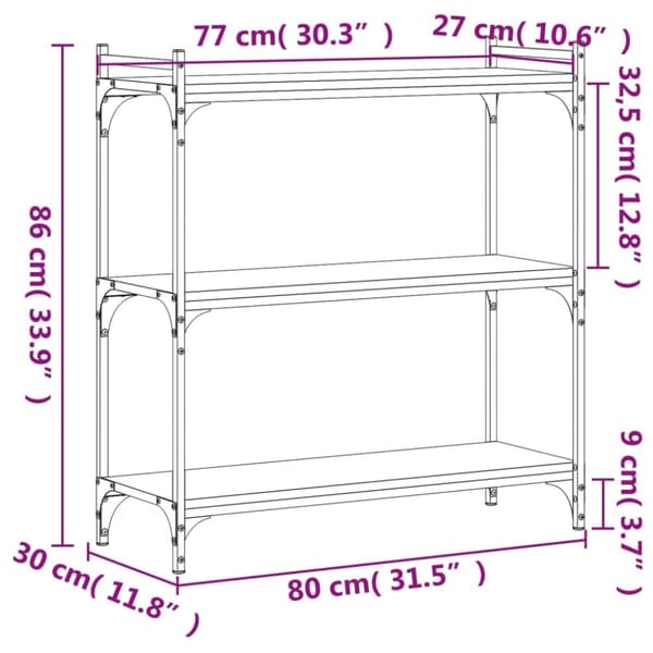 vidaXL bogreol med 3 hylder 80x30x86 cm konstrueret træ sort