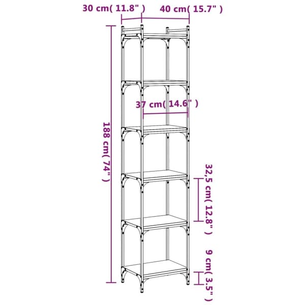 vidaXL Bokhylle 6 etasjer røkt eik 40x30x188 cm konstruert tre