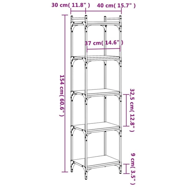 vidaXL bogreol 5 hylder 40x30x154 cm konstrueret træ røget eg