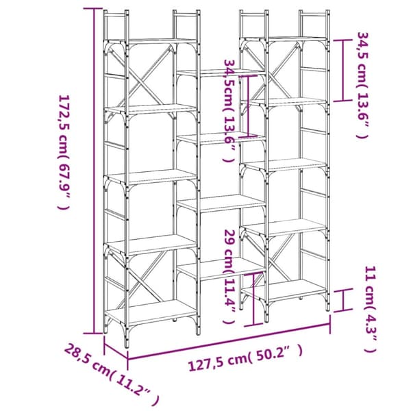 vidaXL Bokhylle røkt eik 127,5x28,5x172,5 cm konstruert tre