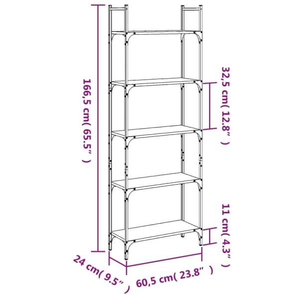 vidaXL bogreol 60,5x24x166,5 cm 5 hylder konstrueret træ sonoma-eg