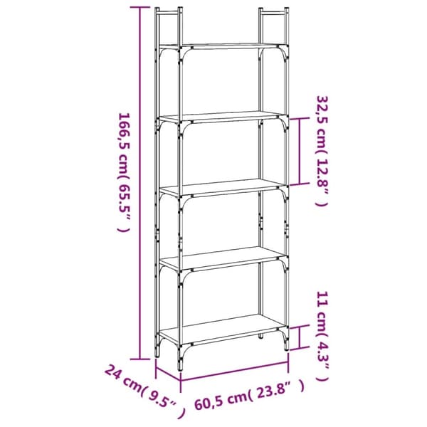 vidaXL bogreol 60,5x24x166,5 cm 5 hylder konstrueret træ grå sonoma-eg